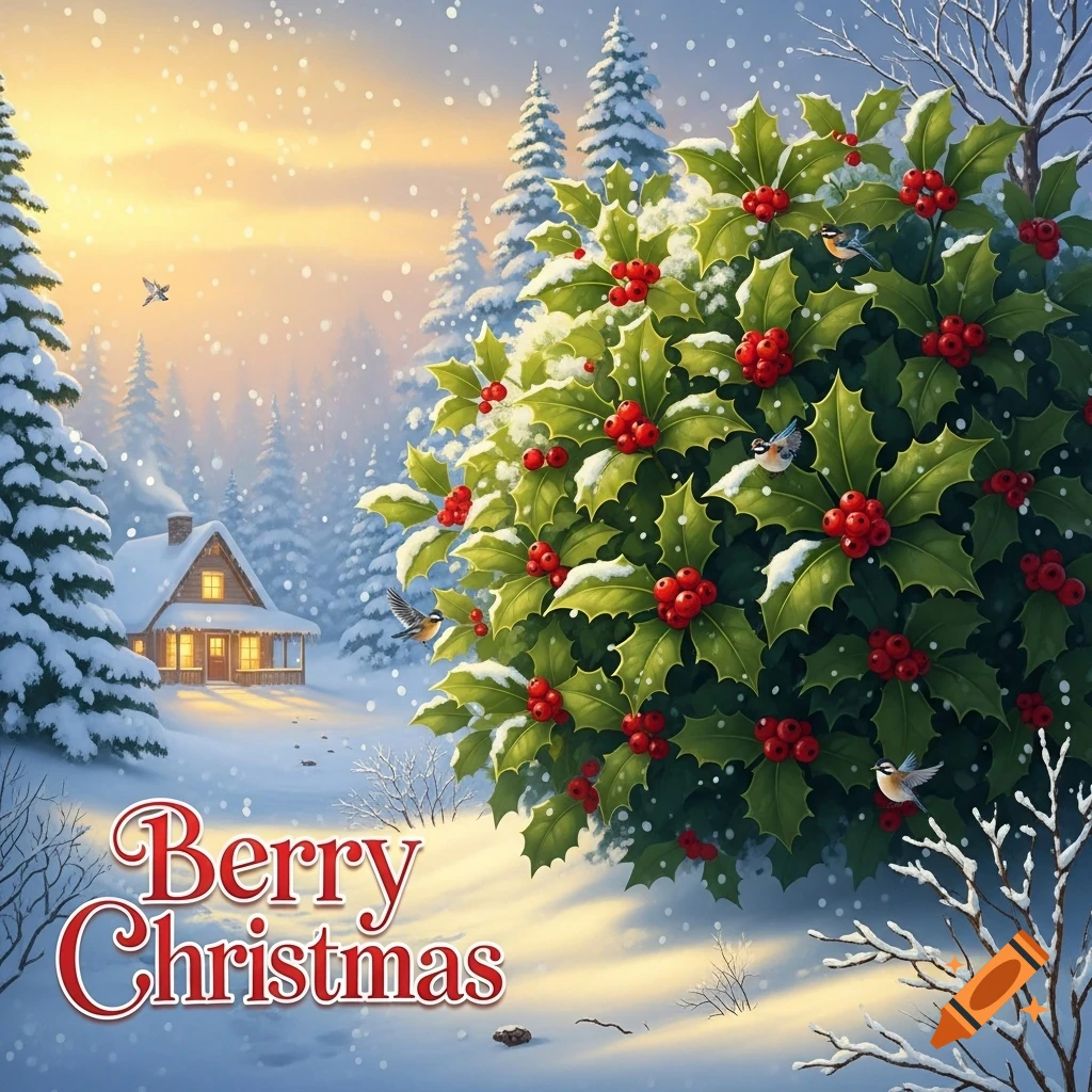 A snowy winter landscape with a cozy cabin, snow-covered pine trees, and a large holly bush with red berries. Text reads "Berry Christmas".