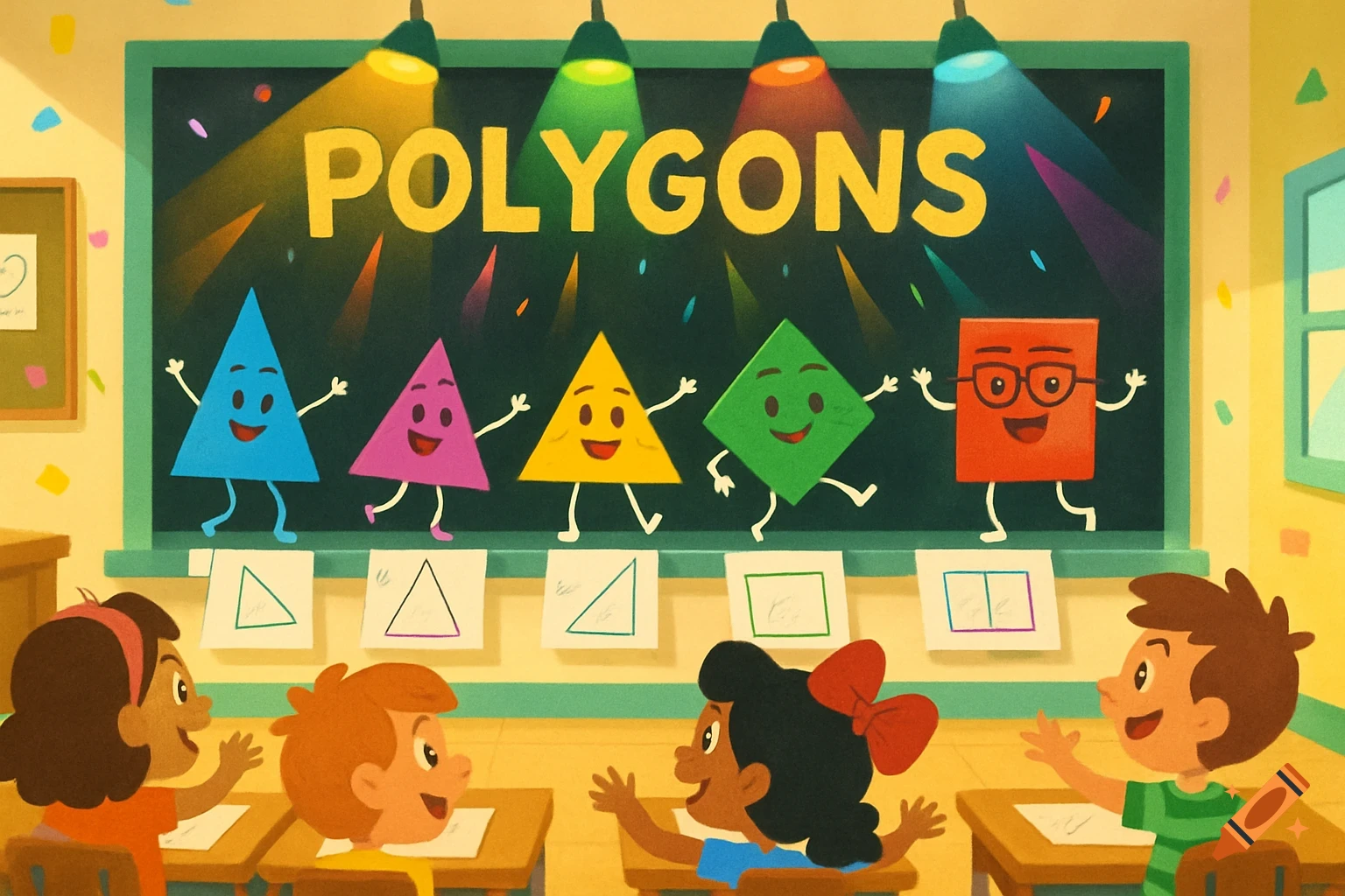 A vibrant cartoon classroom scene with children watching anthropomorphic geometric shapes dance on a blackboard that reads "POLYGONS".