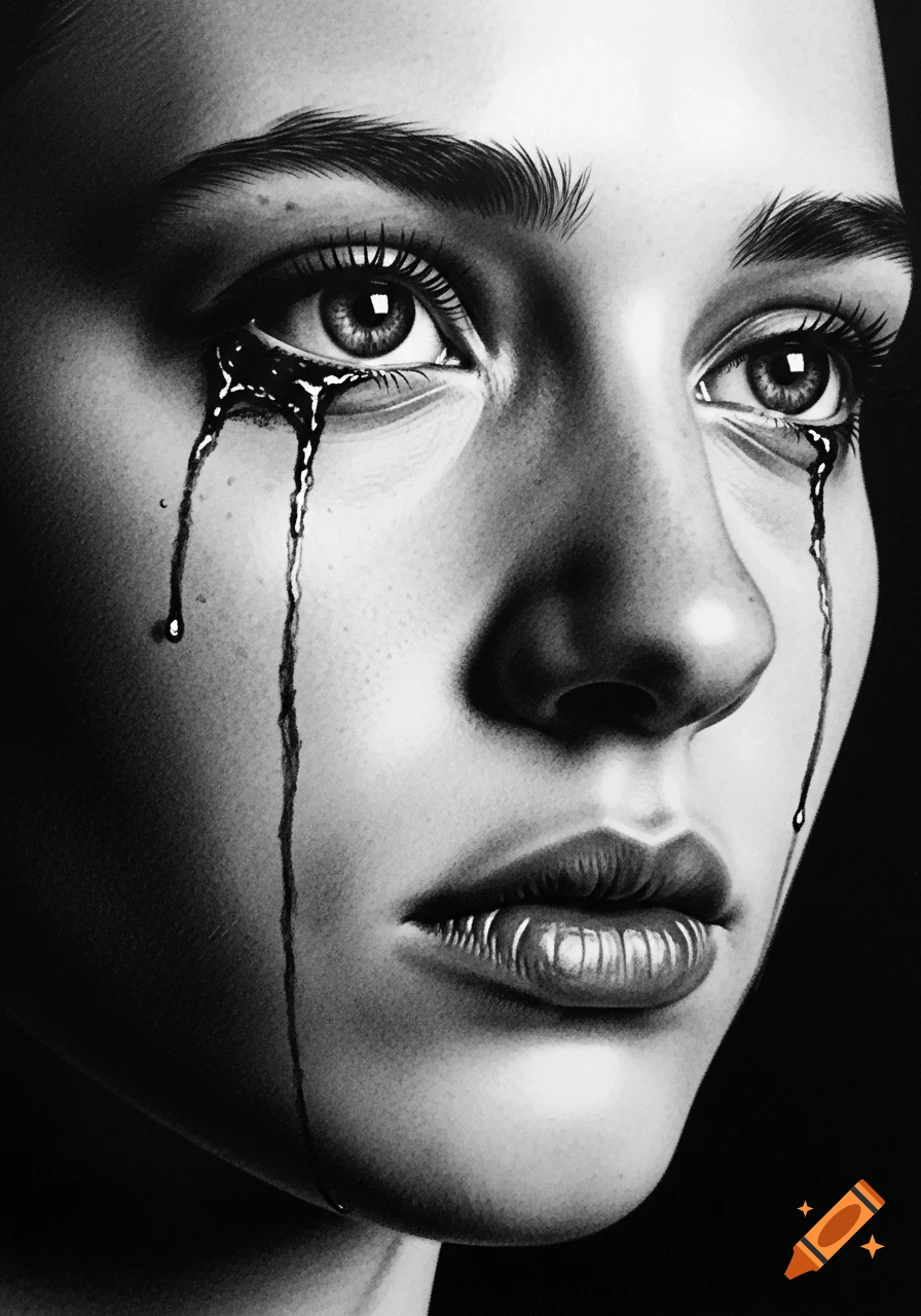 Black and white hyperrealistic portrait of a woman with black tears streaming down her face, expressing sadness.