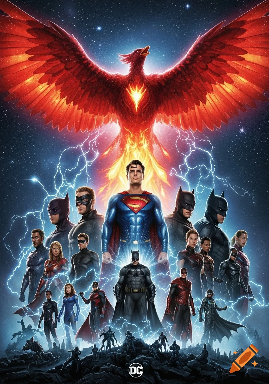 An epic poster featuring various DC superheroes, including Superman and Batman, standing beneath a large fiery phoenix and bolts of lightning in a starry night sky.