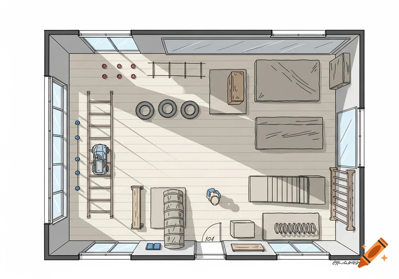Hand-drawn top-down floor plan of a rectangular gym with various exercise stations, windows, and a small person.