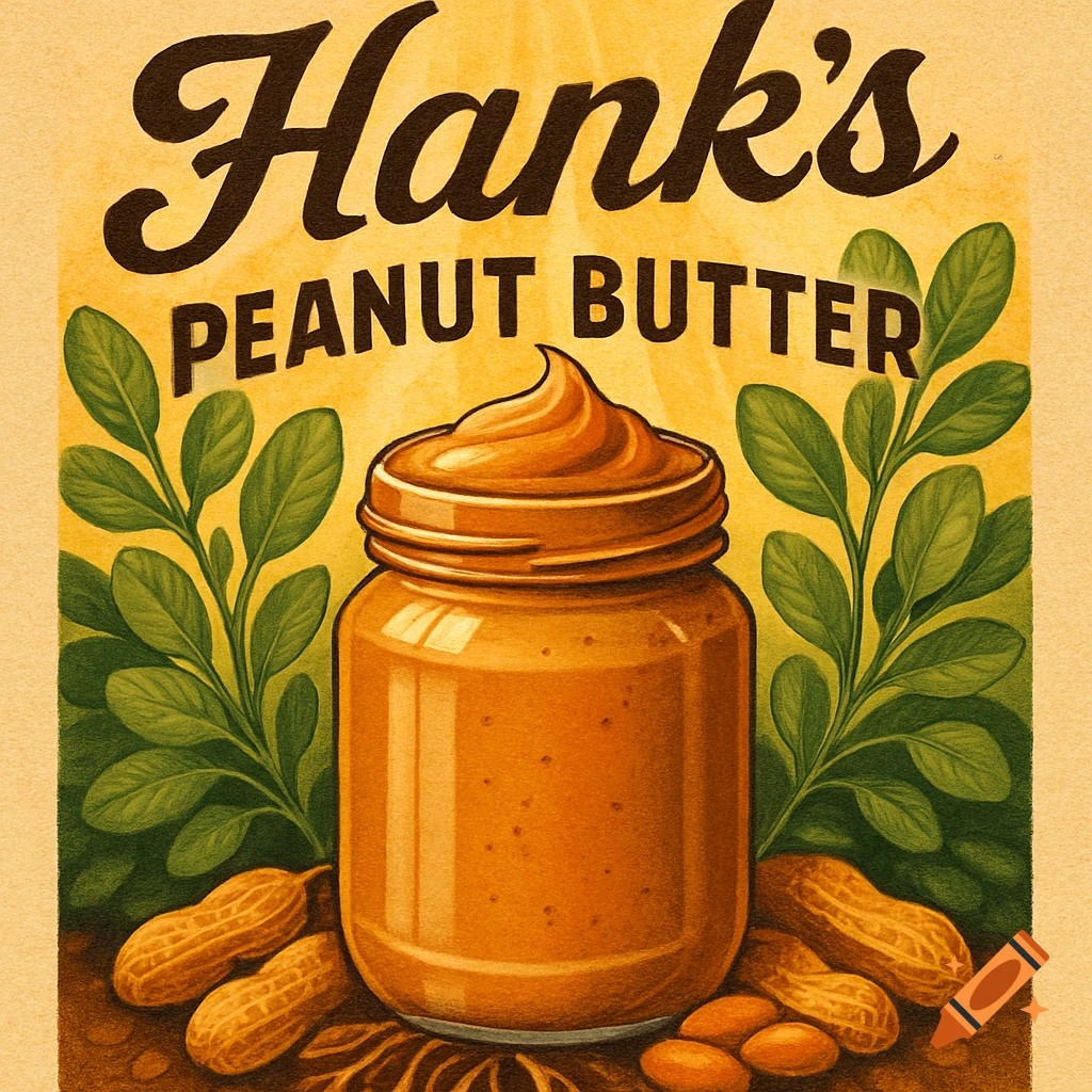Vintage-style advertisement for Hank's Peanut Butter, featuring a jar of peanut butter, whole peanuts, and peanut plants.