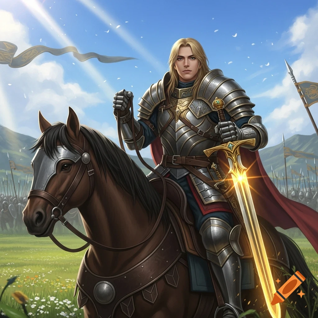 Blond knight in shining armor on a brown horse, holding a glowing sword in a sunny field with an army behind him.
