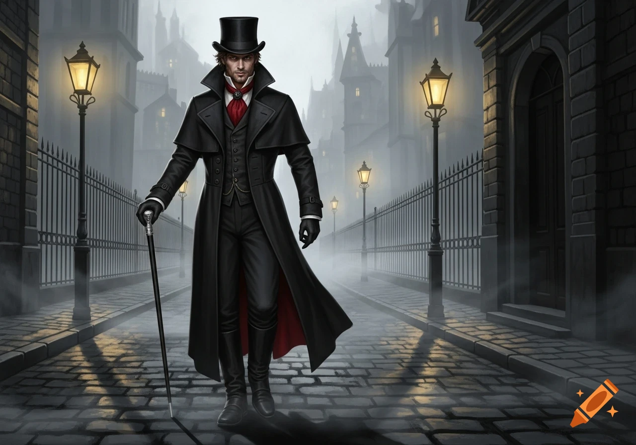 A man in a black Victorian coat, red cravat, and top hat holds a cane, standing on a cobblestone street in a foggy, gaslit city.
