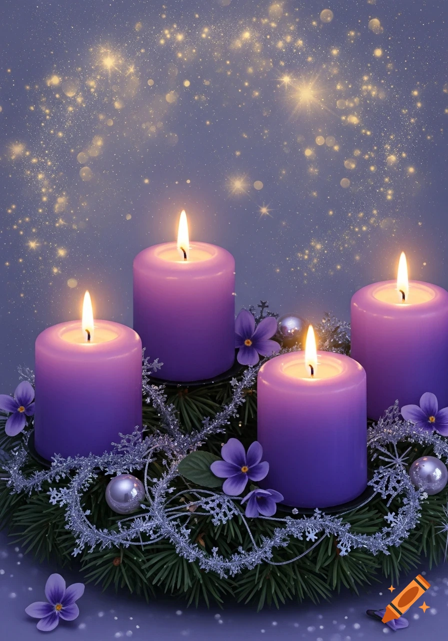Dreamy Advent wreath with four lit purple candles, green pine, silver glitter, and purple flowers against a sparkling purple background.