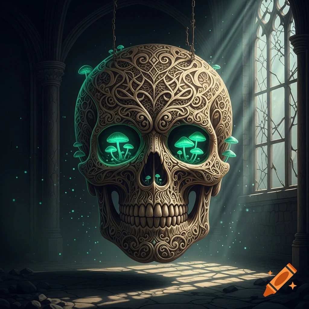 An ornate, hanging skull with glowing green mushroom eyes and intricate patterns in a dark gothic room with sunlit windows.