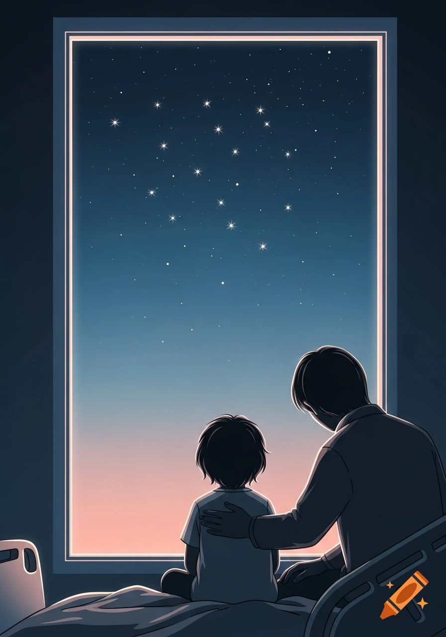Minimalist illustration of a child and adult looking out a window at a starry night sky from a hospital bed.