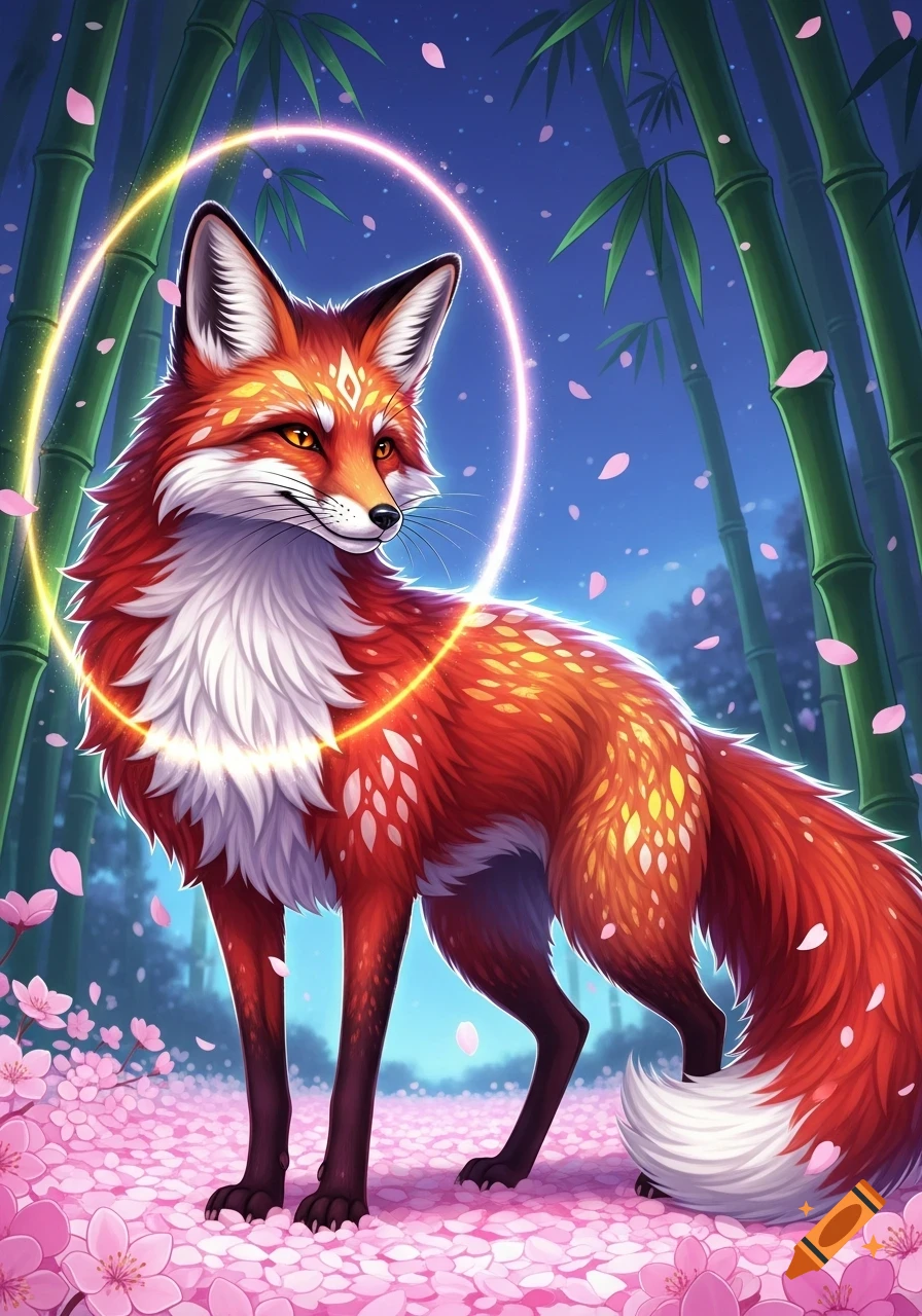 A stylized red fox with white markings and a glowing yellow halo stands amidst pink cherry blossoms and bamboo under a twilight sky, in a colorful anime art style.