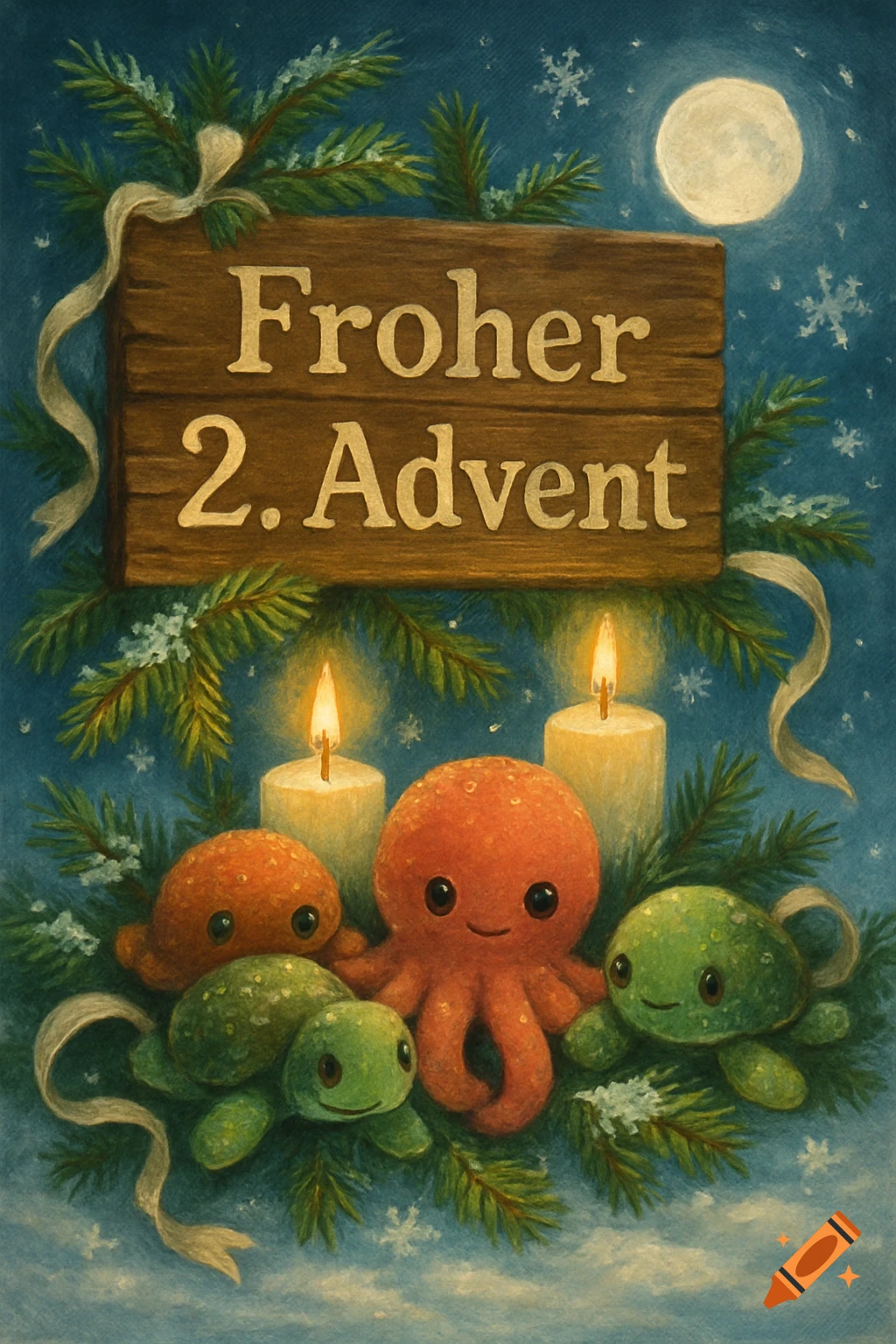 Painterly Christmas illustration with a 'Froher 2. Advent' sign, lit candles, plush octopuses and turtles, pine branches, and snow under a moonlit sky.