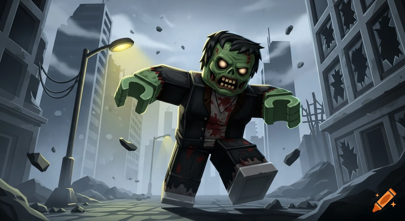A blocky, cartoon-style zombie with glowing eyes and blood-splattered clothes walks through a ruined city under a cloudy sky.