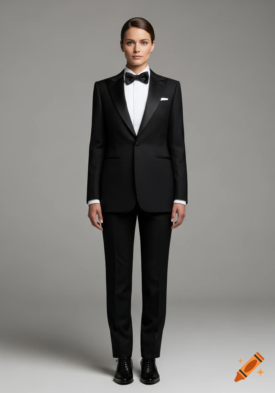A photorealistic full-body portrait of a woman standing in an elegant, tailored black tuxedo with a white shirt and silk bow tie against a neutral gray background.