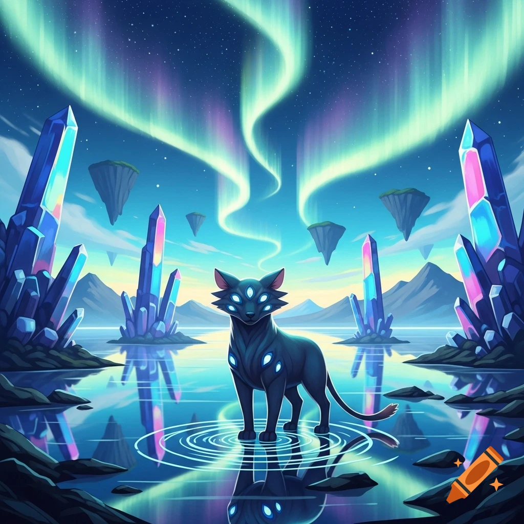 A stylized multi-eyed black cat stands in glowing water surrounded by giant colorful crystals, floating islands, and aurora in a vibrant fantasy scene.