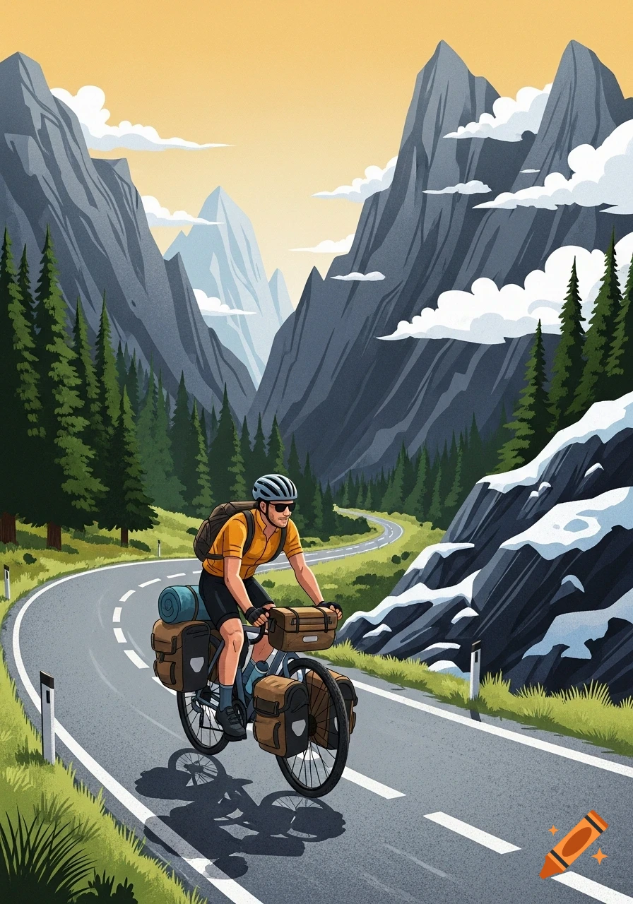 Illustrated man cycling on a touring bicycle with luggage on a winding mountain road with pine trees and snowy peaks.