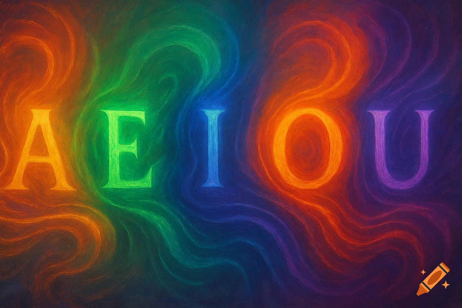 Textured letters A, E, I, O, U glowing with rainbow colors against a dark, swirling background.