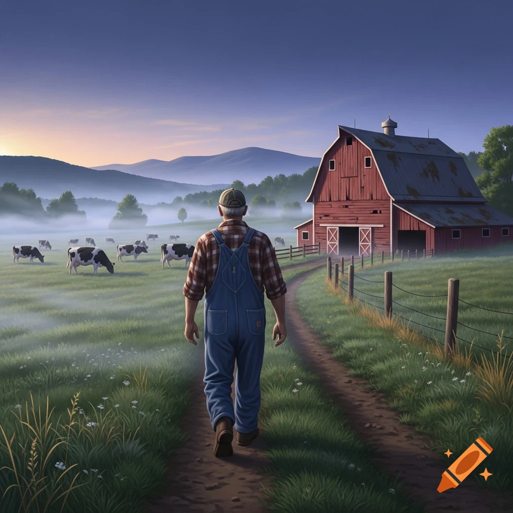 A farmer walks down a dirt path towards a red barn as cows graze in a misty field at dawn, with mountains in the background.