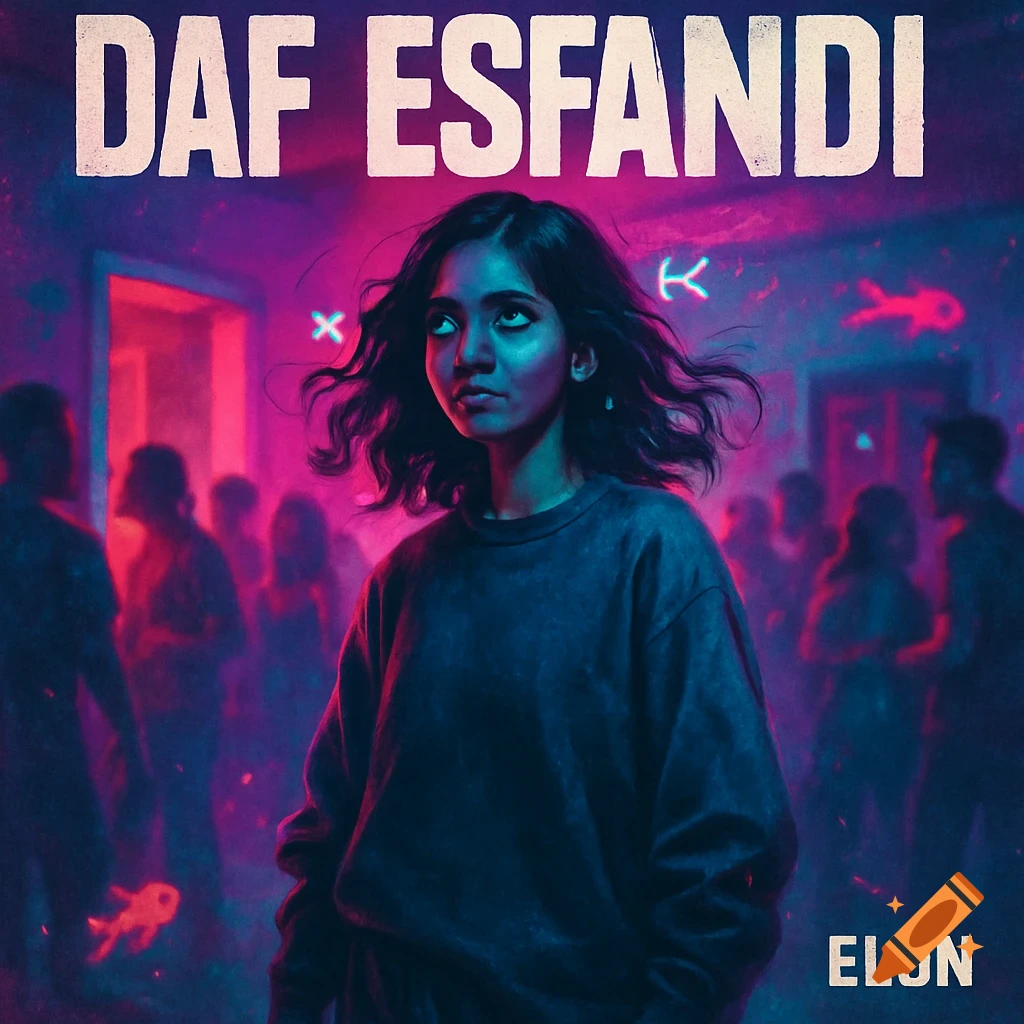 A stylized portrait of a young woman with a confident expression, bathed in neon pink and blue light at a lively party. Text reads "DAF ESFANDI" and "ELON".