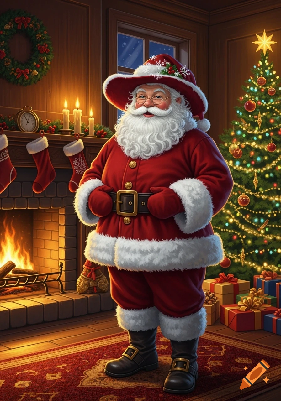 Santa Claus smiles in a cozy living room with a lit fireplace, decorated Christmas tree, stockings, and presents. Detailed illustration.