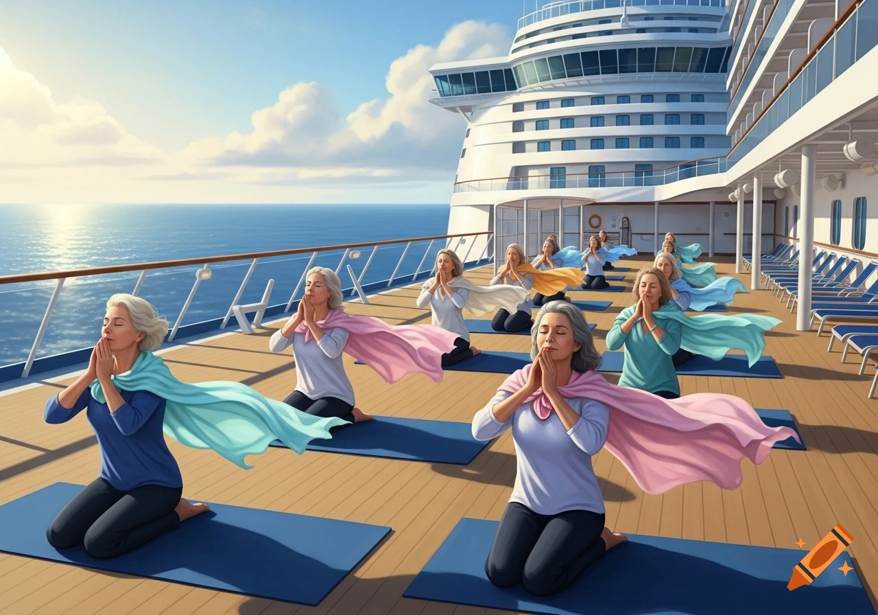 Senior women in colorful capes performing mindfulness on a cruise ship deck overlooking the ocean.