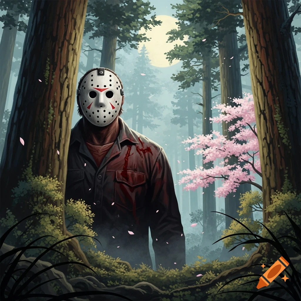 Jason Voorhees in his hockey mask peeks from behind a tree in a lush forest with pink cherry blossoms and a full moon, in Nihonga style.