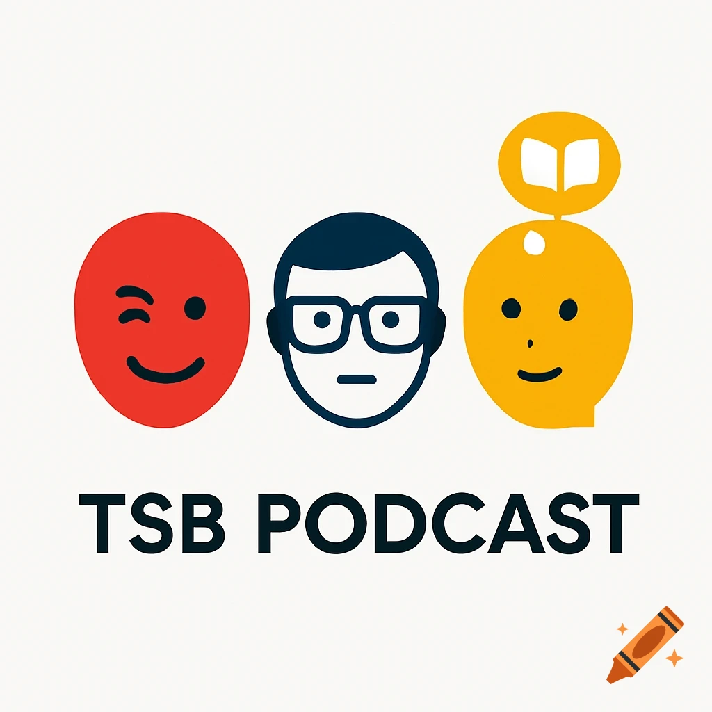 Minimalist logo for TSB Podcast with three stylized heads: red winking face, blue head with glasses, and yellow head with a book icon.