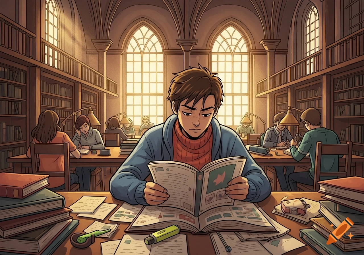 Comic panel illustration of a college student studying intently in a grand library, surrounded by books and other students.