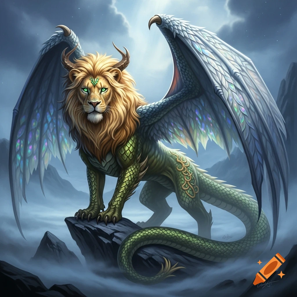 A majestic fantasy creature with a lion's head, green eyes, dragon wings, and a scaled serpent's body stands on a rocky peak amidst clouds.