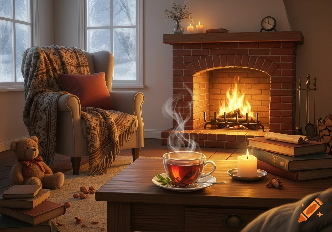 Cozy winter interior with a burning fireplace, armchair, steaming tea on a coffee table, and frosted windows.