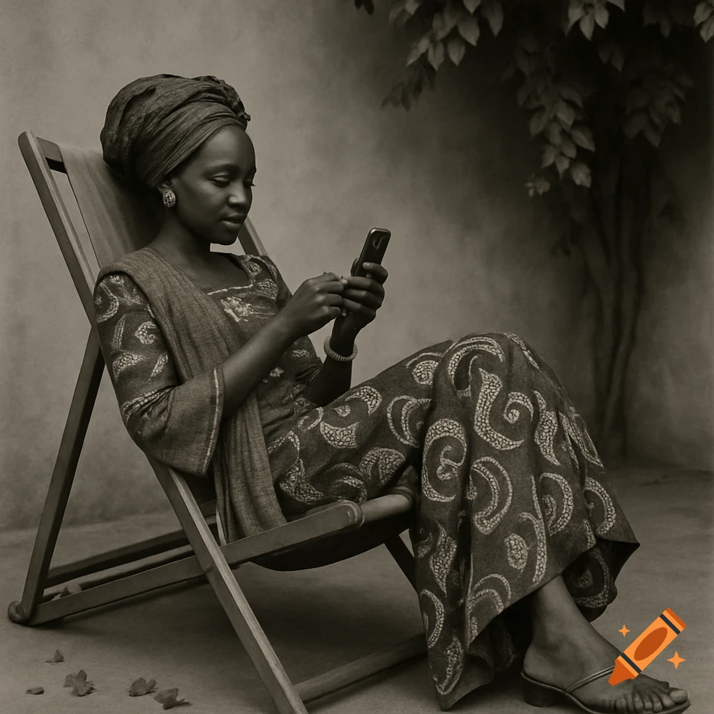 Monochromatic portrait of a woman in traditional dress and headwrap, seated in a deck chair, looking at her mobile phone.