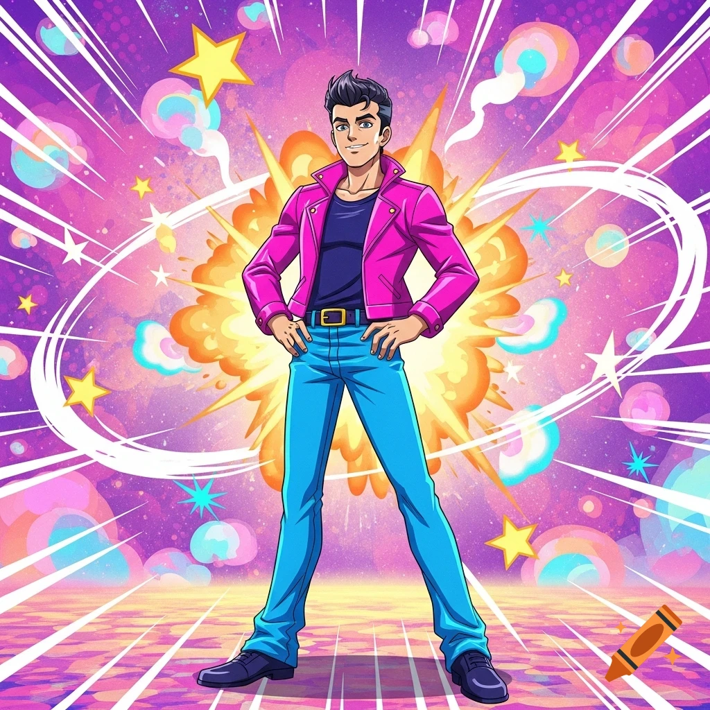 Anime-style man in a pink jacket and blue jeans, standing with hands on hips against a vibrant, explosive, comic book background.