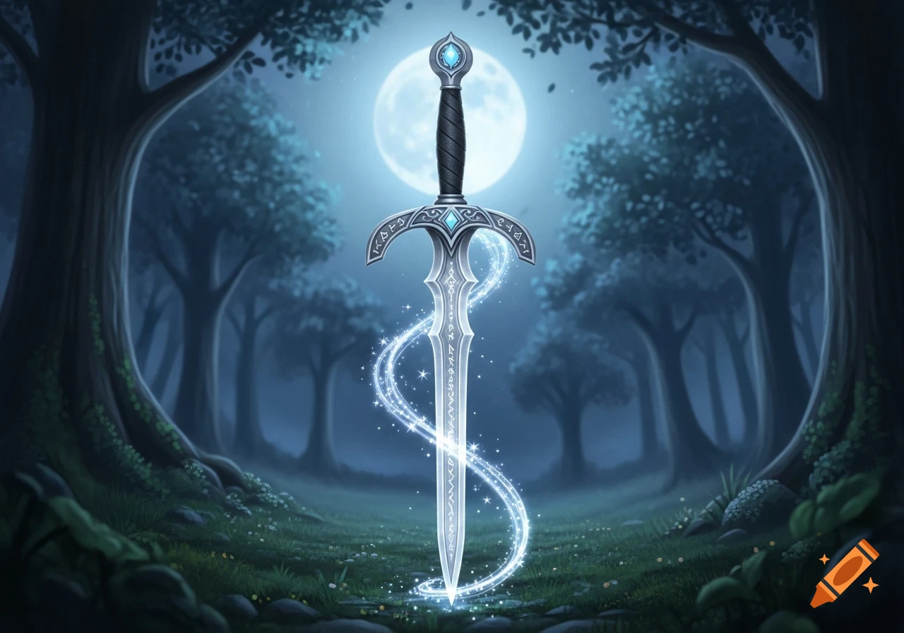 A glowing magical sword, the Gleaming Feyblade, stands upright in a moonlit forest glade with intricate runes and sparkling energy.