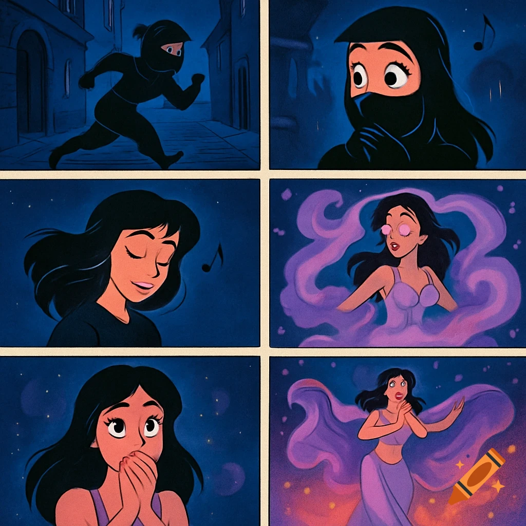 A 90s Disney 2D comic showing a woman transforming from a ninja into a belly dancer in purple attire amidst magical smoke.