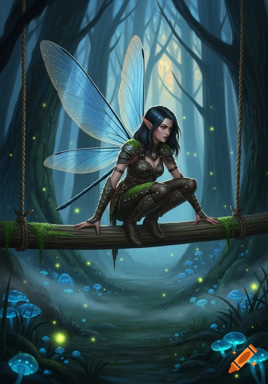 A dark-haired female fairy with blue dragonfly wings crouches on a mossy log in an enchanted forest with glowing blue mushrooms.