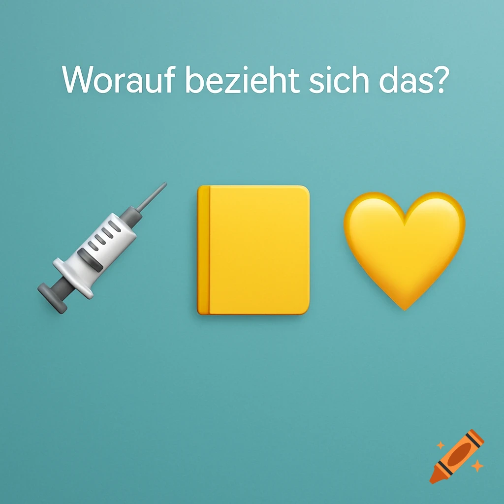 Three emoji-like symbols: a syringe, a yellow book, and a yellow heart, on a teal background with the text 'Worauf bezieht sich das?'