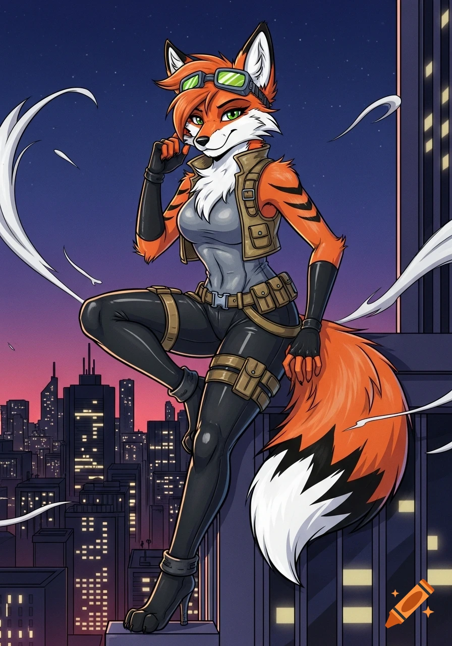 A comic book style illustration of an anthropomorphic fox in a tactical suit and goggles, posing on a city skyscraper at night.