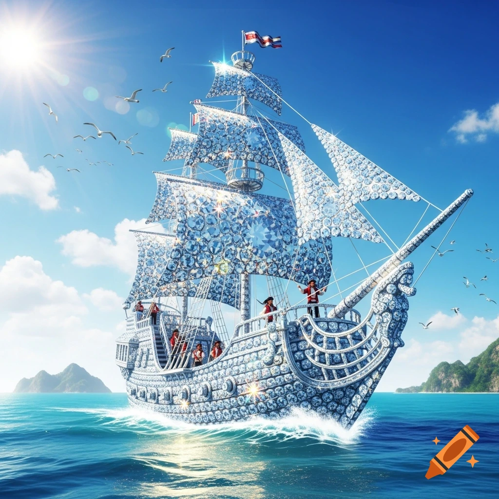 A magnificent diamond-covered pirate ship sails on a sparkling blue ocean under a bright sunny sky with islands in the distance.