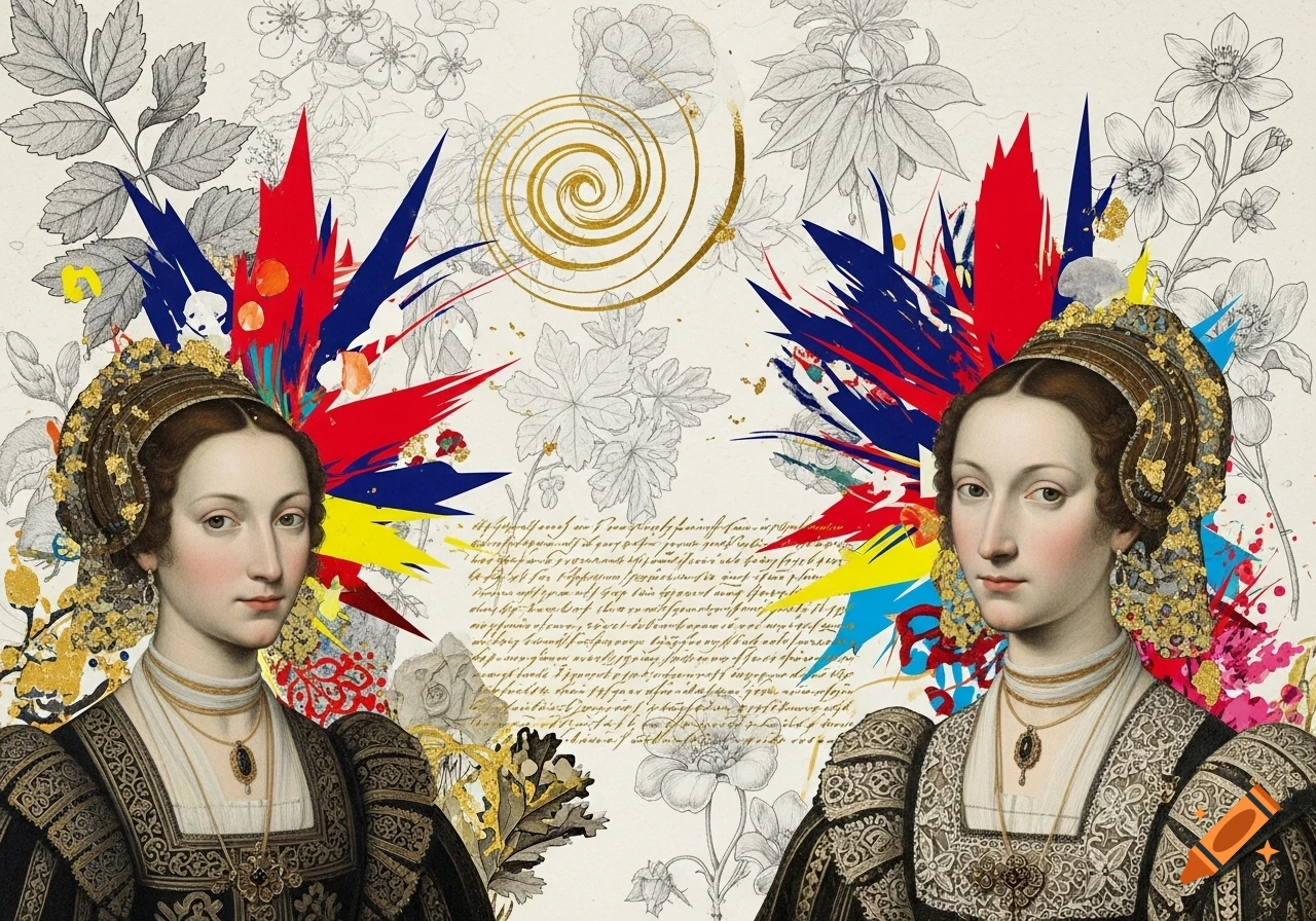Two women in period dresses against a background of botanical line art and abstract red, blue, and yellow paint splatters.