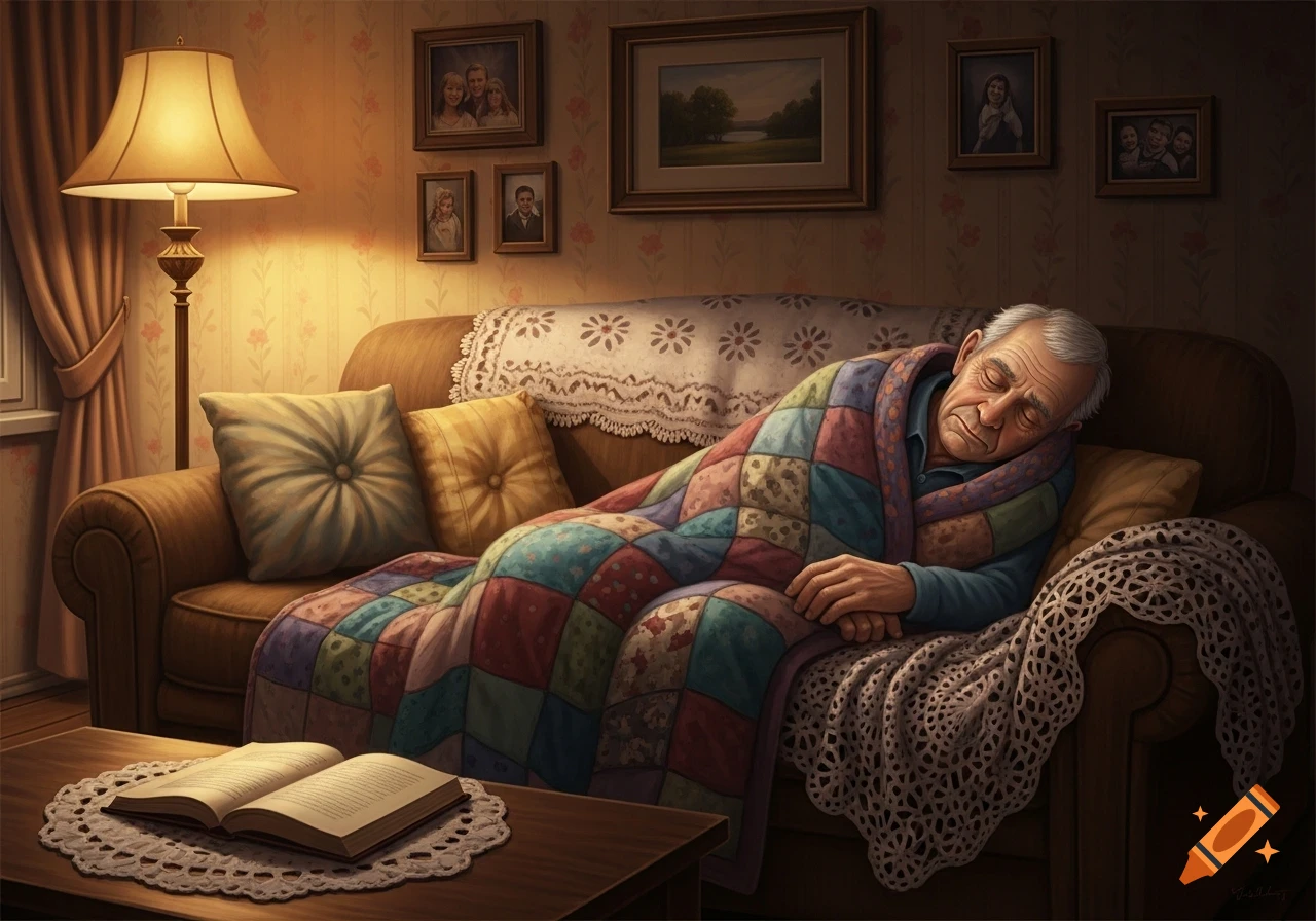 An elderly man sleeps peacefully on a brown sofa, covered by a patchwork quilt, in a warmly lit living room with an open book on a table.