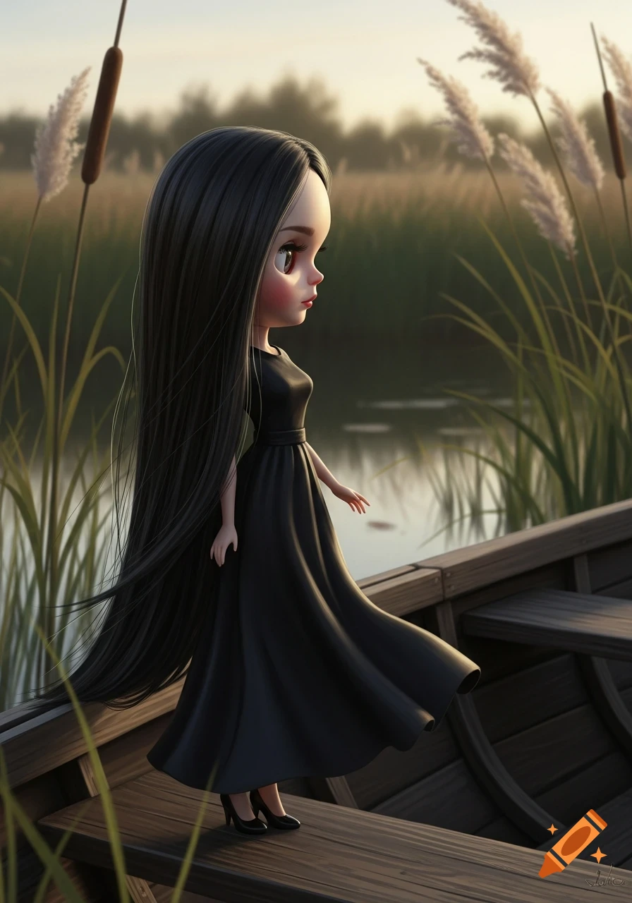 A stylized Blythe doll with long black hair and a black dress stands on an old wooden boat, looking sideways across a reedy marsh.