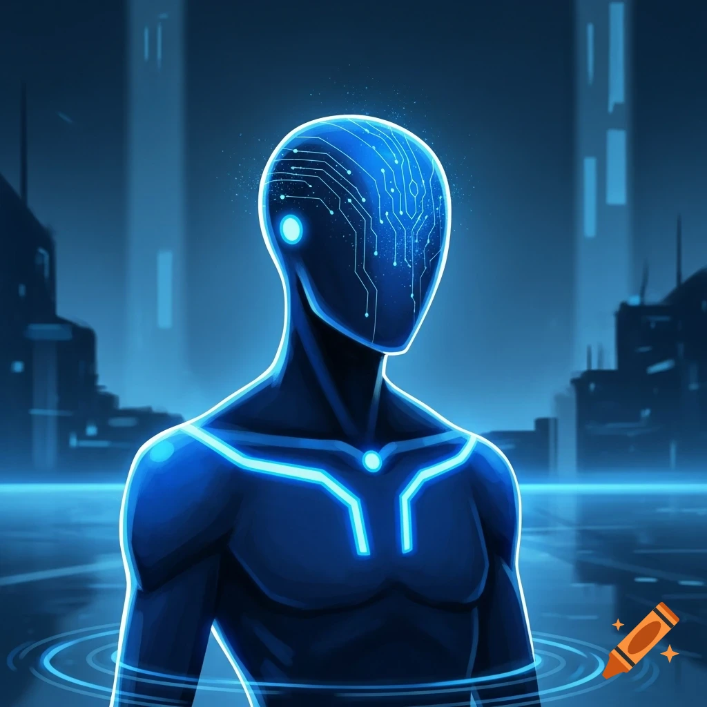 Glowing blue faceless humanoid with circuit patterns on head in a futuristic city, digital art style.