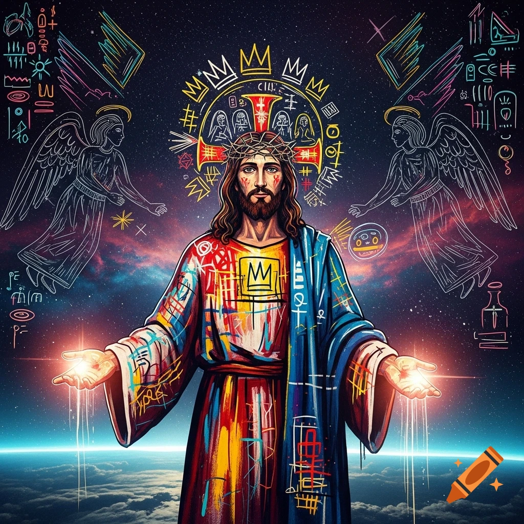 A vibrant, Basquiat-style portrait of Jesus with a crown of thorns and outstretched hands, in colorful robes amidst a cosmic sky with angels and symbols.