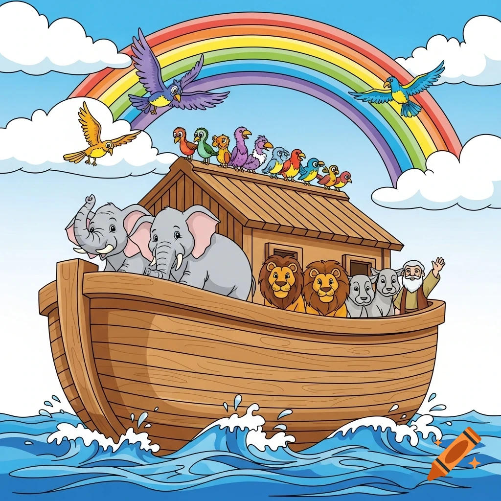 Cartoon Noah's Ark floating on blue water with pairs of elephants, lions, and birds, and Noah waving under a rainbow sky.