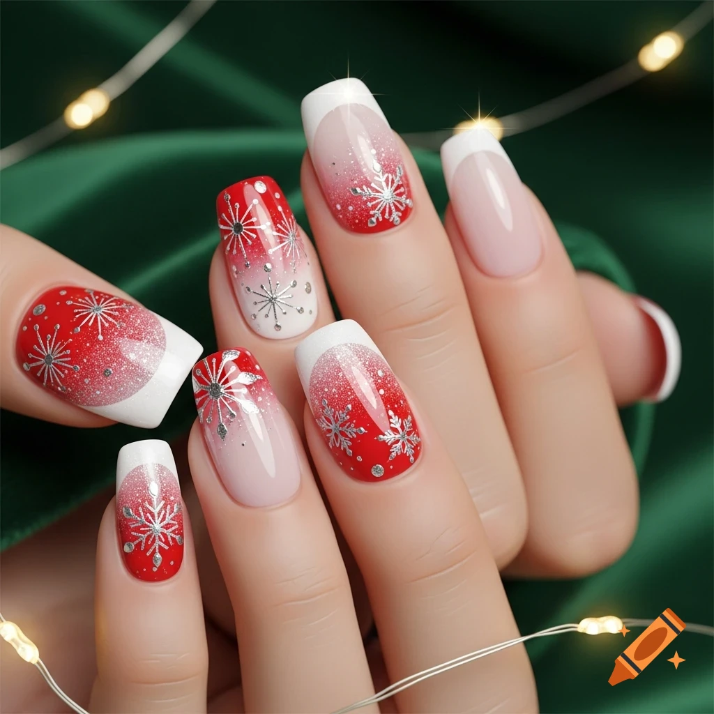 A hand with festive Christmas nails featuring red, white, and clear polish, silver glitter, and snowflake designs, against a blurred green background with lights.