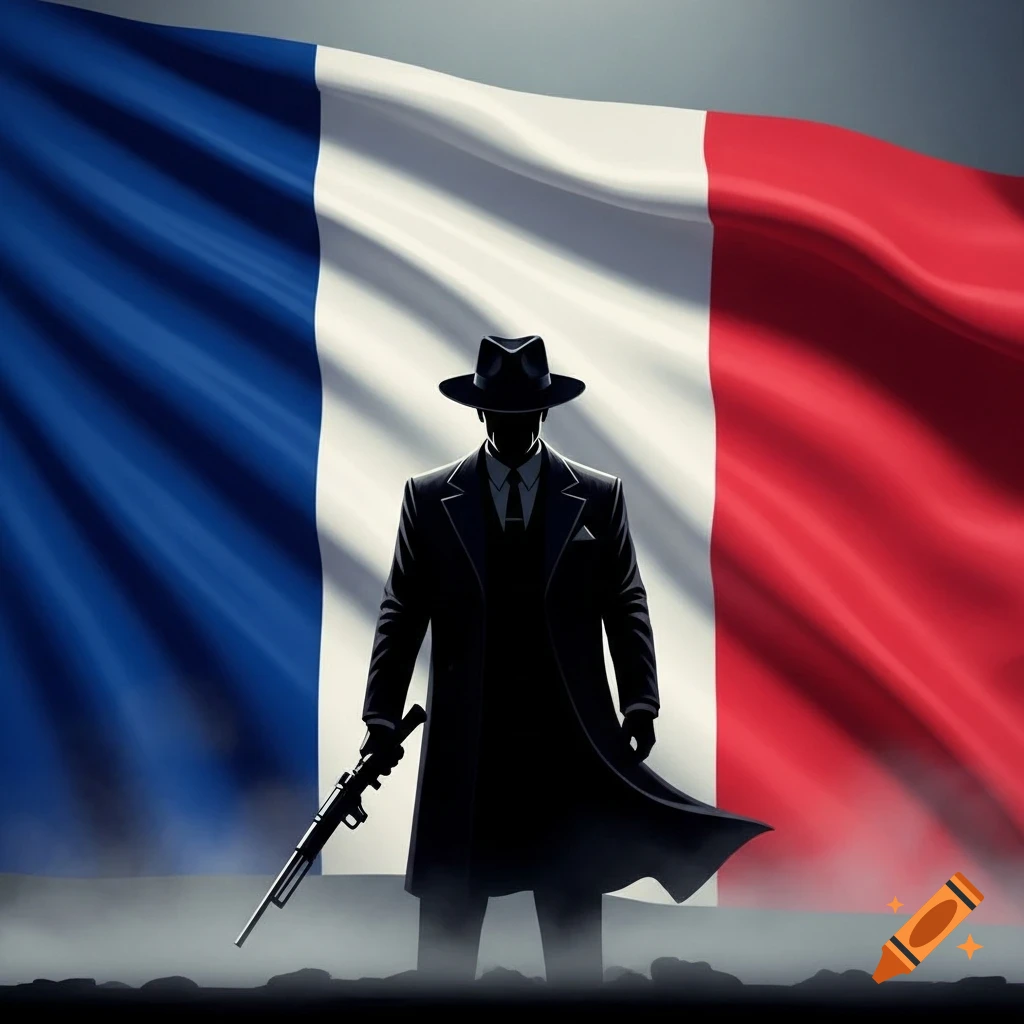 A silhouetted figure in a fedora and trench coat holds a rifle, standing against a waving French flag in a graphic, noir style.