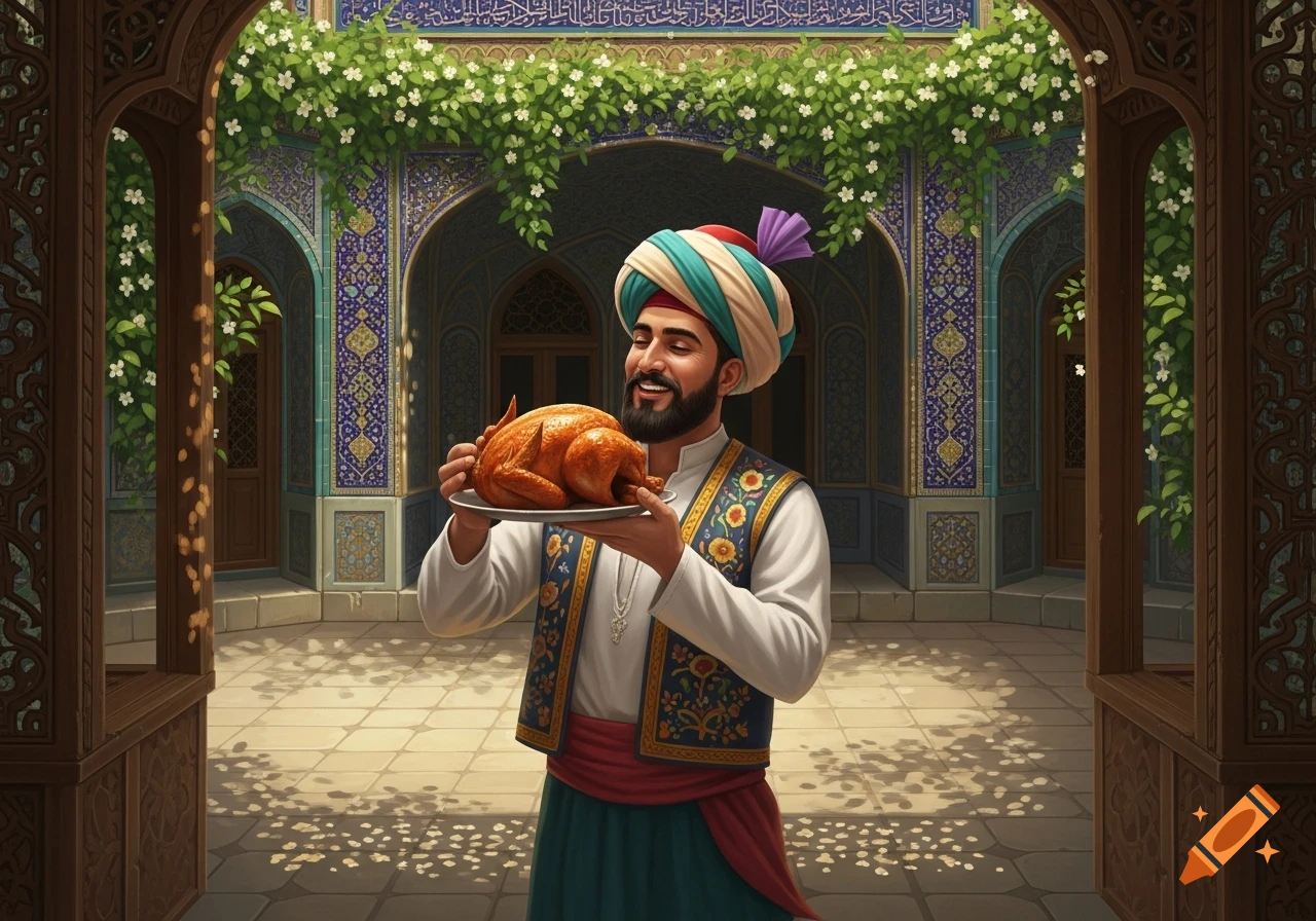 A smiling man in traditional Iranian attire and a turban holds a roasted chicken on a plate in an ornate courtyard.