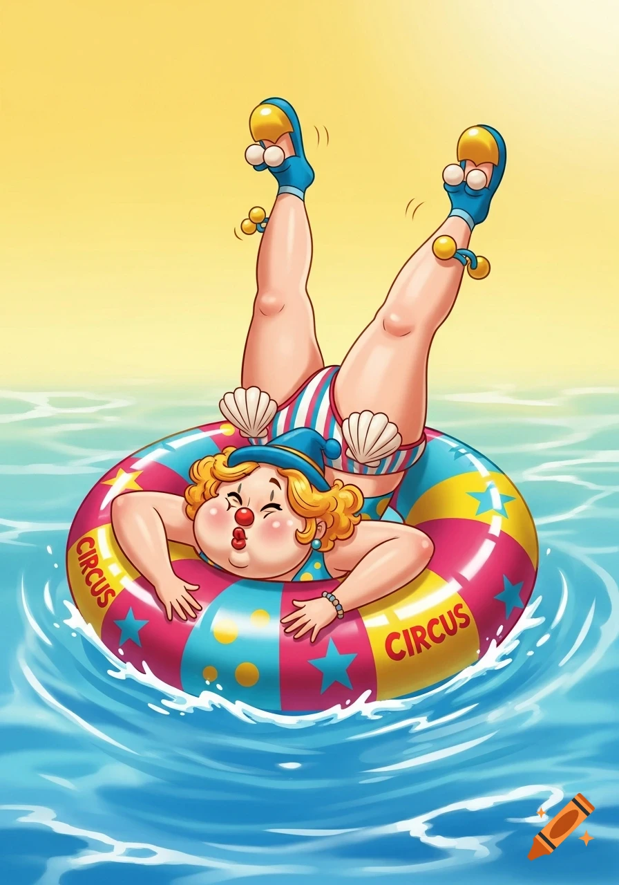 A cartoony clown lady in a shell bikini, stuck upside down in an inner tube with her legs in the air, floating on water.