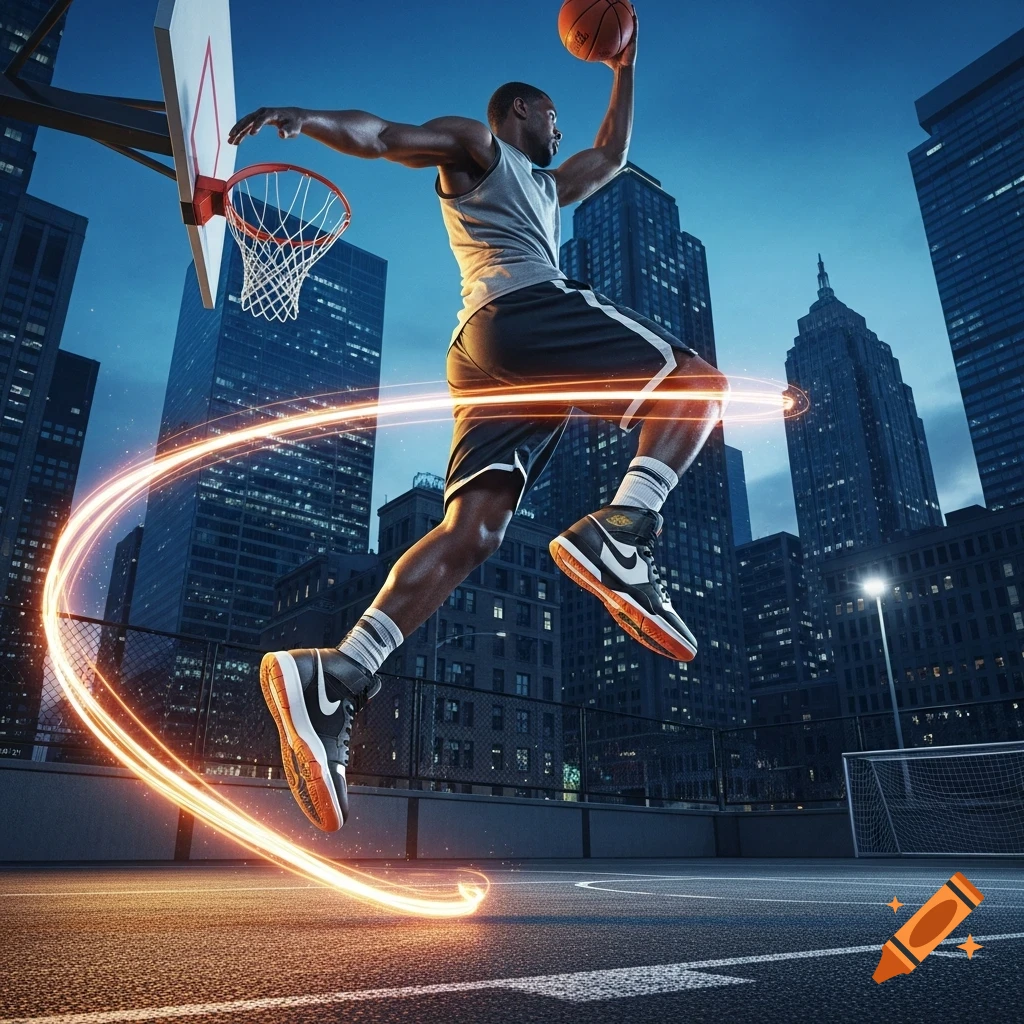 A male basketball player in mid-air about to dunk a basketball on a city court at night, with glowing orange trails around him.