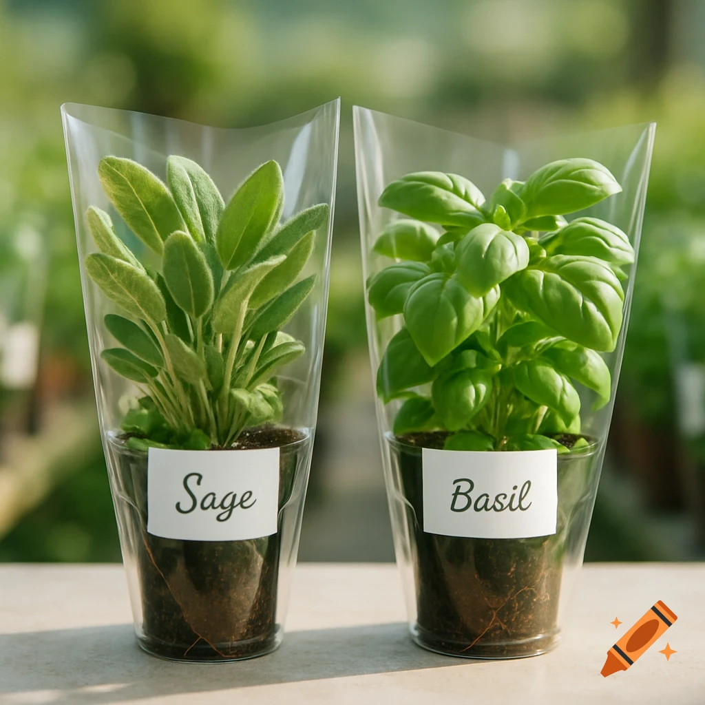 Photorealistic image of two potted herbs, sage and basil, in clear retail packaging with labels, in a blurred greenhouse.
