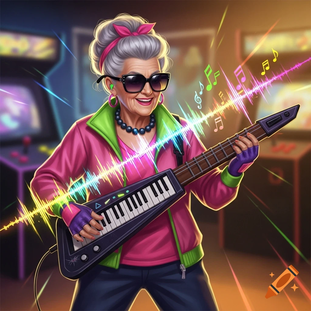 An energetic grandma with gray hair and sunglasses plays a keytar in a neon-lit arcade, surrounded by glowing sound waves and musical notes.