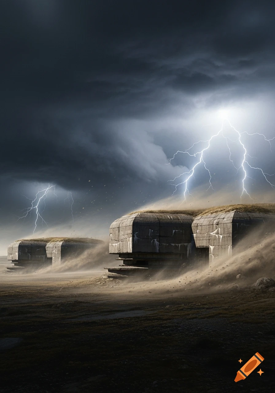 Concrete bunkers on a sandy, desolate plain under a dark, stormy sky with multiple lightning strikes.
