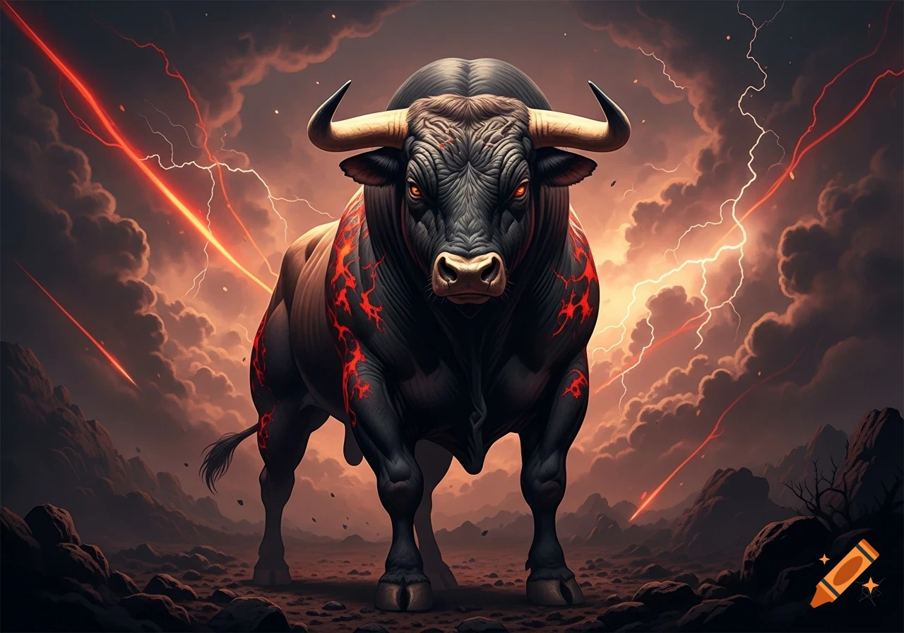 A menacing black bull with glowing red eyes and fiery cracks stands in a stormy, lightning-filled landscape.